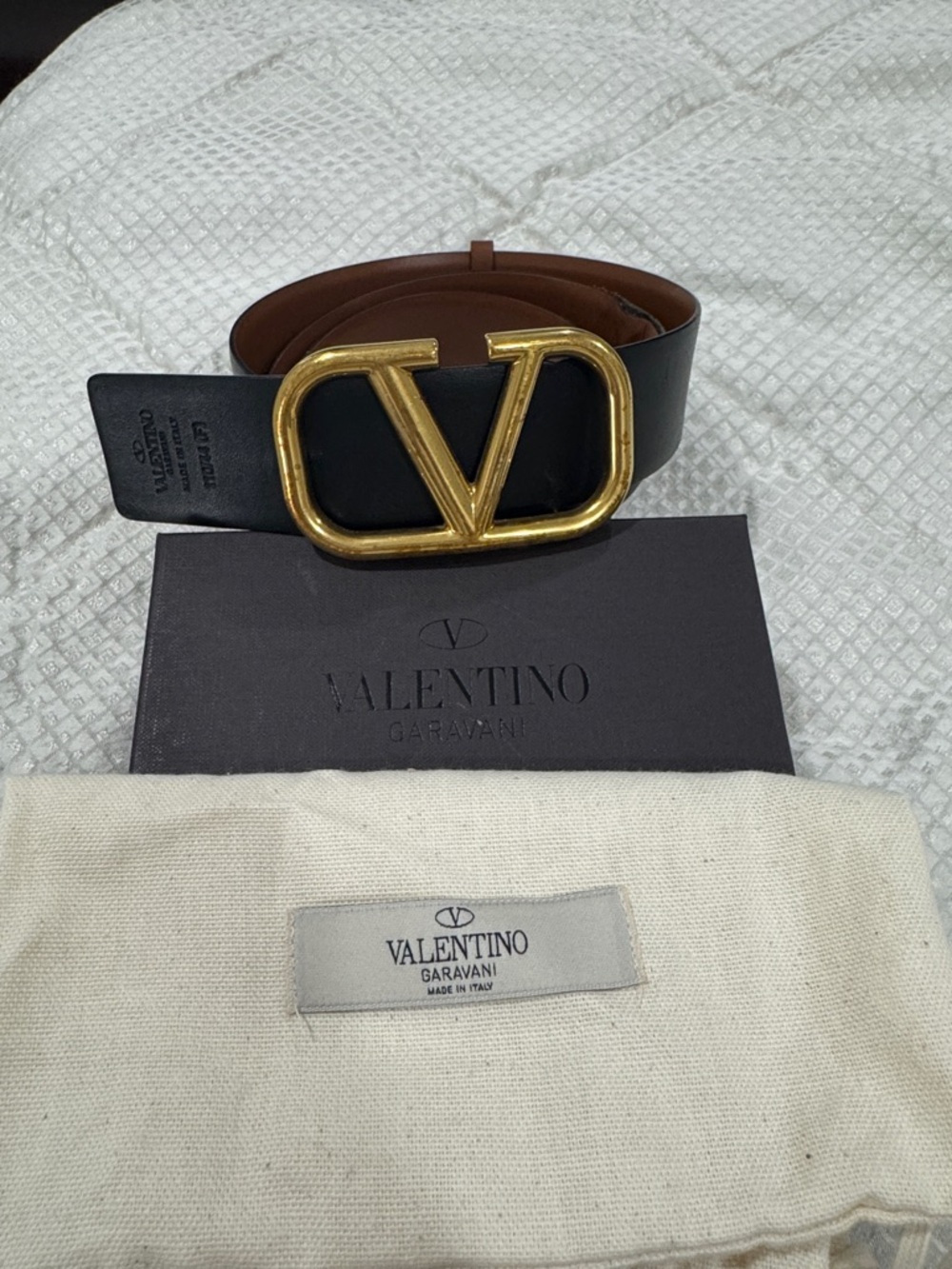 Valentino Garavani Black and Brown Leather Belt with Gold V Buckle